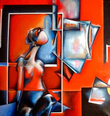 Painting titled "Girl and the mirrors" by Sibilla Bjarnason, Original Artwork, Acrylic Mounted on Wood Stretcher frame