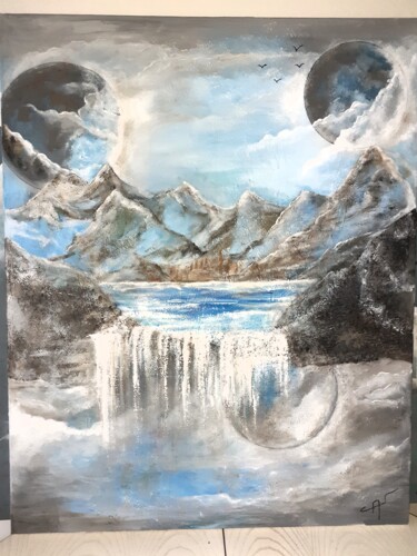 Painting titled "le lac  bleu  du mo…" by Simone Canon, Original Artwork, Acrylic Mounted on Wood Stretcher frame