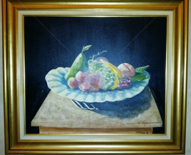 Painting titled "COUPE DE FRUITS" by Lassoued, Original Artwork, Oil Mounted on Wood Stretcher frame