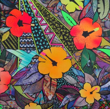Collages intitulée "Hibiscus au colibri" par Sido Collages, Œuvre d'art originale, Collages