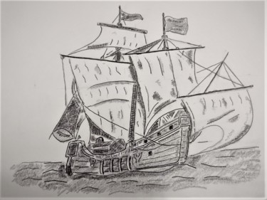 Disegno intitolato "Ship" da V Sidorov, Opera d'arte originale, Inchiostro