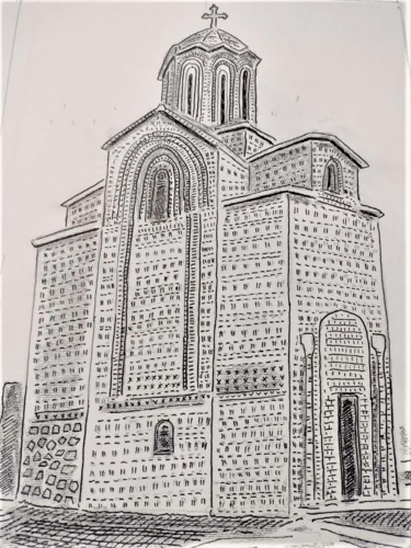 Drawing titled "Saint Zaum Monastery" by V Sidorov, Original Artwork, Ink