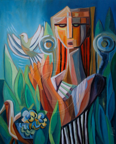 Pittura intitolato "Entre Alas de Amor" da Dania Sierra, Opera d'arte originale, Olio