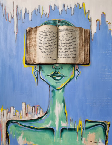 Painting titled "book woman" by Sieva, Original Artwork, Oil Mounted on Wood Stretcher frame