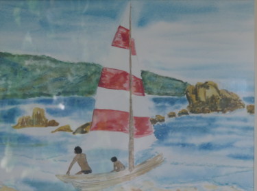 Malerei mit dem Titel "Man, Boy and Boat" von Sieglinde (Siggy) Margarete Schitter, Original-Kunstwerk, Aquarell