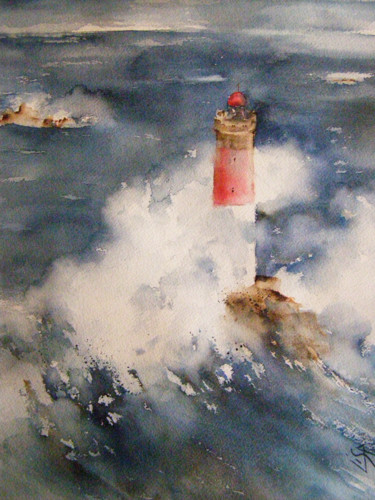 Peinture intitulée "TEMPETE SUR LE PHAR…" par Lisa, Œuvre d'art originale, Aquarelle