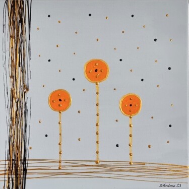 Painting titled "Orange Blumen" by Sigrid Vondran, Original Artwork, Acrylic Mounted on Wood Stretcher frame