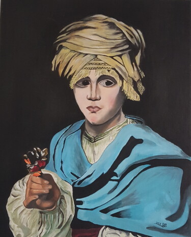 Painting titled "Garçon en turban te…" by Sil, Original Artwork, Oil Mounted on Wood Stretcher frame