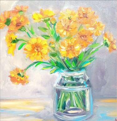 Peinture intitulée "flowers calendula p…" par Svitlana Klymenko, Œuvre d'art originale, Carton