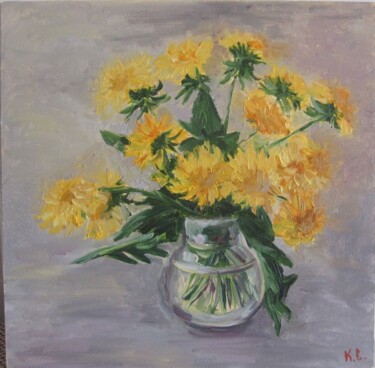Peinture intitulée "Dandelions in a vas…" par Svitlana Klymenko, Œuvre d'art originale, Huile