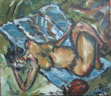 Painting titled "Женщина лежит" by Rechitskii, Original Artwork, Oil