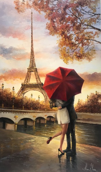 Schilderij getiteld "Lua de mel em Paris" door Silvana Oliveira, Origineel Kunstwerk, Olie