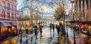 Pittura intitolato "Rua com chuva em Pa…" da Silvana Oliveira, Opera d'arte originale, Inchiostro