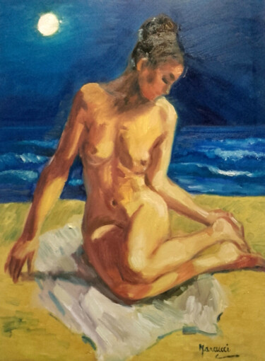 Painting titled "Mujer con mar" by Silvia Beatriz Marcucci, Original Artwork, Oil