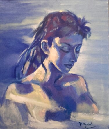Painting titled "Mujer en azul" by Silvia Beatriz Marcucci, Original Artwork, Oil