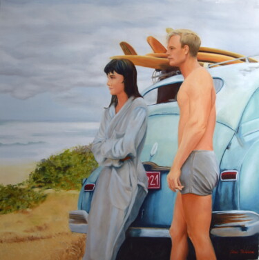 Malerei mit dem Titel "Retro surfers" von Silvia Habán, Original-Kunstwerk, Öl