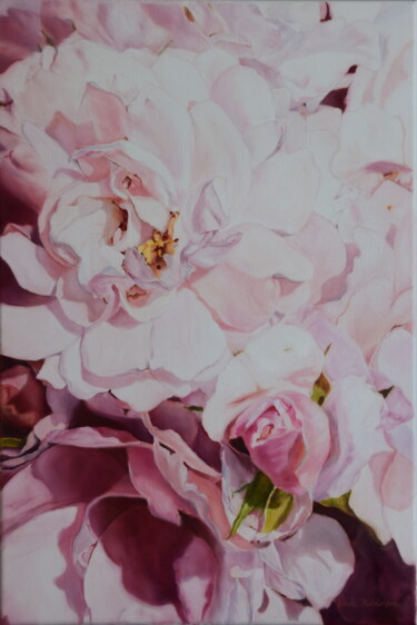 Painting titled "Roses" by Silvia Habán, Original Artwork, Oil Mounted on Wood Stretcher frame