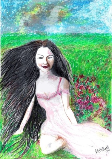 Drawing titled "Mulher no Campo" by Silviane Moon, Original Artwork, Pastel