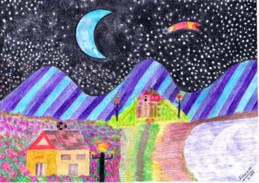 Desenho intitulada "Anoitecer Estrelado" por Silviane Moon, Obras de arte originais