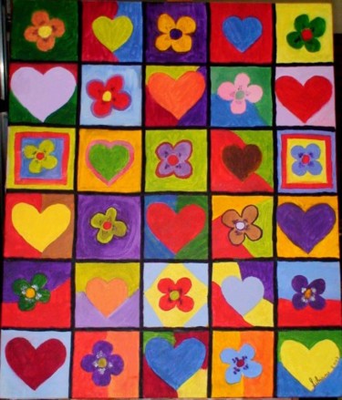 Pintura intitulada "Flores e corações." por Silviane Moon, Obras de arte originais, Óleo