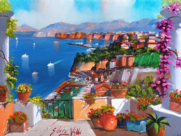 Картина под названием "Flowery terrace vie…" - Silvio Valli, Подлинное произведение искусства, Масло Установлен на Деревянна…