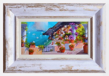 Painting titled "Terrace with bougan…" by Silvio Valli, Original Artwork, Oil Mounted on Wood Stretcher frame