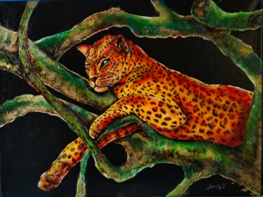 Painting titled "leopard king" by Sima Bart, Original Artwork, Airbrush Mounted on Wood Stretcher frame