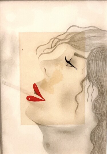 Картина под названием "La fumeuse" - Simart, Подлинное произведение искусства, Карандаш Установлен на картон