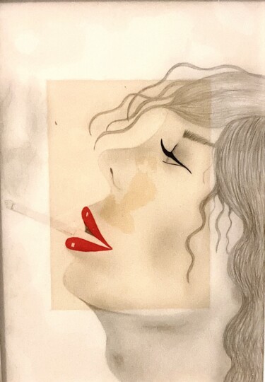 Painting titled "La fumeuse" by Simart, Original Artwork, Pencil Mounted on Cardboard