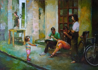 Painting titled "Street musicians" by Serhii Simkhe, Original Artwork, Oil Mounted on Wood Stretcher frame