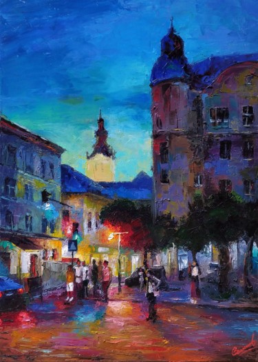 Painting titled "Town at dusk" by Serhii Simkhe, Original Artwork, Oil Mounted on Wood Stretcher frame