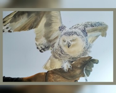 Painting titled "Snowy white owl" by Simo Oil Art Simona, Original Artwork, Oil