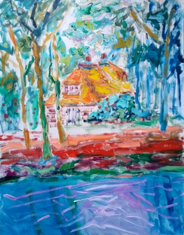 Painting titled "Oude hof, te Bergen" by Simon Borst, Original Artwork, Oil Mounted on Other rigid panel