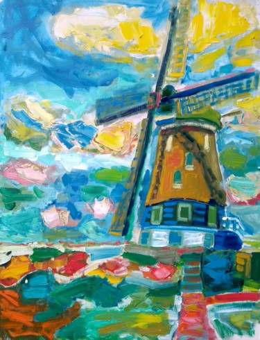 Painting titled "Hollandse molen" by Simon Borst, Original Artwork, Oil Mounted on Wood Panel