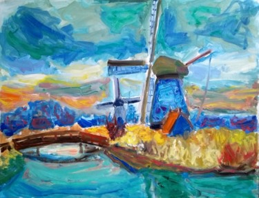 Schilderij getiteld "Polder molen" door Simon Borst, Origineel Kunstwerk, Olie