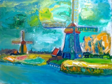 Schilderij getiteld "Molens langs de Huy…" door Simon Borst, Origineel Kunstwerk, Olie Gemonteerd op Andere stijve panelen