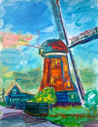 Painting titled "Molen bij Uitgeest" by Simon Borst, Original Artwork, Oil Mounted on Other rigid panel