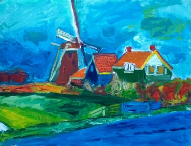 Painting titled "Molen de Otter bij…" by Simon Borst, Original Artwork, Oil Mounted on Other rigid panel