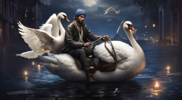 Artes digitais intitulada "Vagrant riding swan" por Simon Dara, Obras de arte originais, Imagem gerada por IA