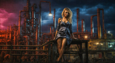 Digitale Kunst mit dem Titel "An industrial night" von Simon Dara, Original-Kunstwerk, KI-generiertes Bild