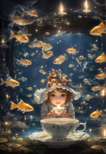 Digitale Kunst mit dem Titel "Fish & teacup" von Simon Dara, Original-Kunstwerk, KI-generiertes Bild