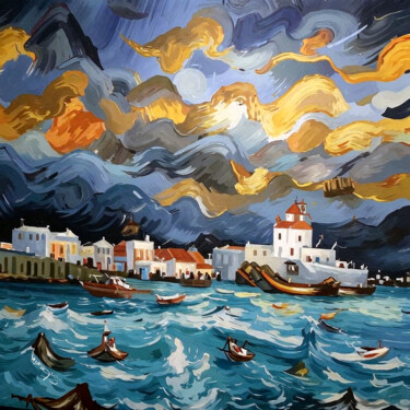 Digital Arts titled "harbor santorini gr…" by Simon Levin, Original Artwork, Digital Painting