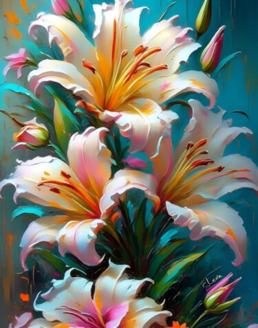 Цифровое искусство под названием "pink lilies" - Simon Levin, Подлинное произведение искусства, Цифровая живопись