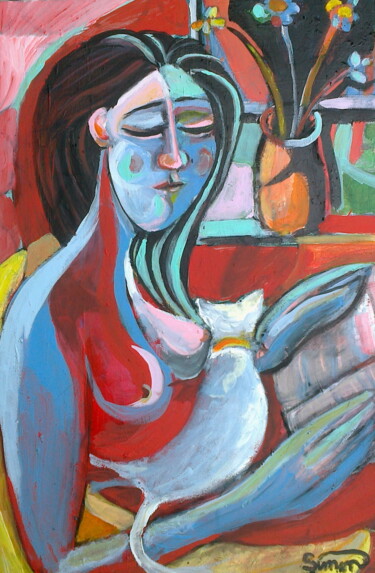 Ζωγραφική με τίτλο "woman reading with…" από Simon Taylor, Αυθεντικά έργα τέχνης