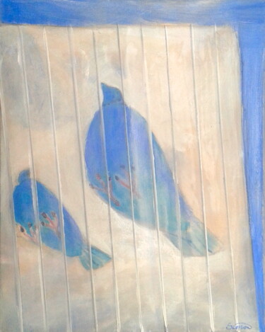 Pintura titulada "pigeons on roof" por Simon Taylor, Obra de arte original