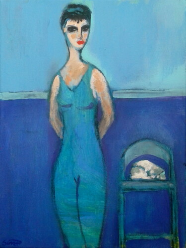 Malerei mit dem Titel "woman & cat (blue)" von Simon Taylor, Original-Kunstwerk