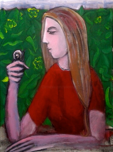Painting titled "girl & snail" by Simon Taylor, Original Artwork