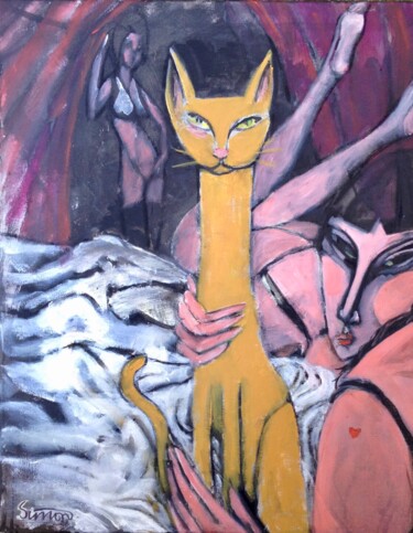 Malerei mit dem Titel "women & cat (2)" von Simon Taylor, Original-Kunstwerk