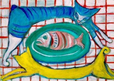 Картина под названием "cats/fish" - Simon Taylor, Подлинное произведение искусства