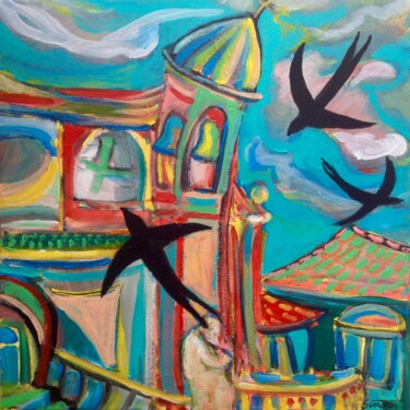 Schilderij getiteld "palazzola swallows" door Simon Taylor, Origineel Kunstwerk, Acryl